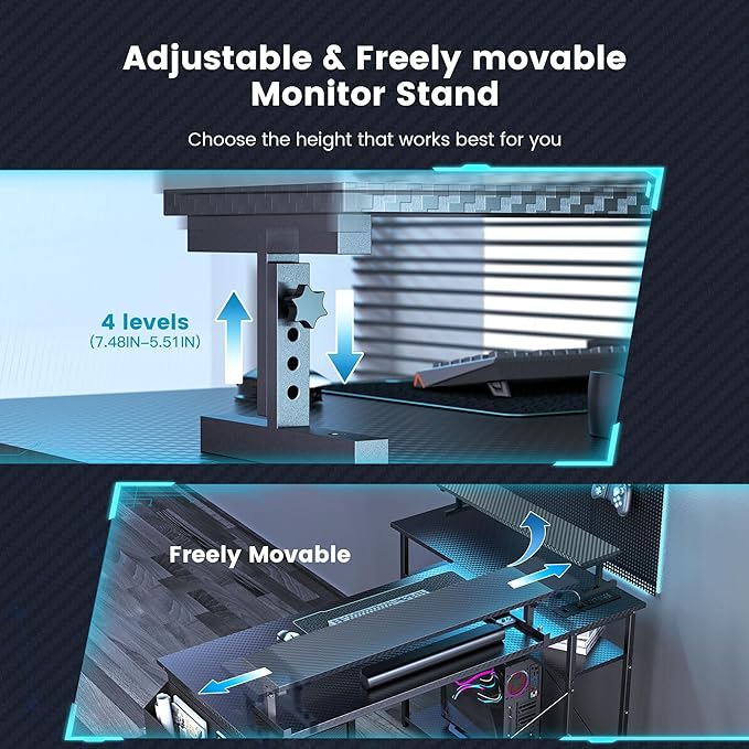Gaming Desk, 47 inch L Shaped Gaming Desk, Computer Desk with LED Lights & Adjustable Stand, Power Outlets, Storage Drawer, Reversible Gaming Desk with Shelves, Hook, Black Carbon Fiber - LeafyLoom
