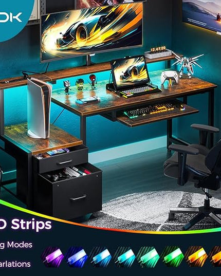 AODK 55 Inch Computer Desk with Power Outlets and LED Light, Reversible Office Desk with File Cabinet & Drawer, Gaming Desk with Keyboard Tray and Full Monitor Riser and PC Stand, Study Table, Vintage - LeafyLoom