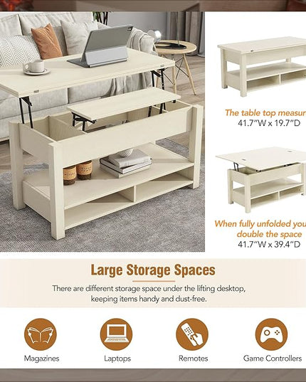 Lift Top Coffee Table, 3 in 1 Lift-Top Design Coffee Table with Open Shelves, Modern Center Tables for Living Room, Home, Office, Rustic Ivory - LeafyLoom