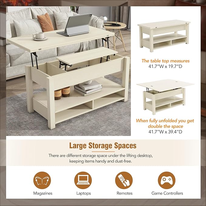 Lift Top Coffee Table, 3 in 1 Lift-Top Design Coffee Table with Open Shelves, Modern Center Tables for Living Room, Home, Office, Rustic Ivory - LeafyLoom