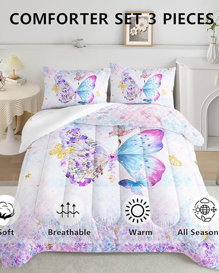 Axolotl Butterfly Bedding Twin,Rainbow Butterfly Comforter Set for Girls Teens,Butterfly Bedding for Girls with Golden Star Scales Pattern,Butterfly Printed Quilt Set with 1 Comforter 2 Pillowcases - LeafyLoom