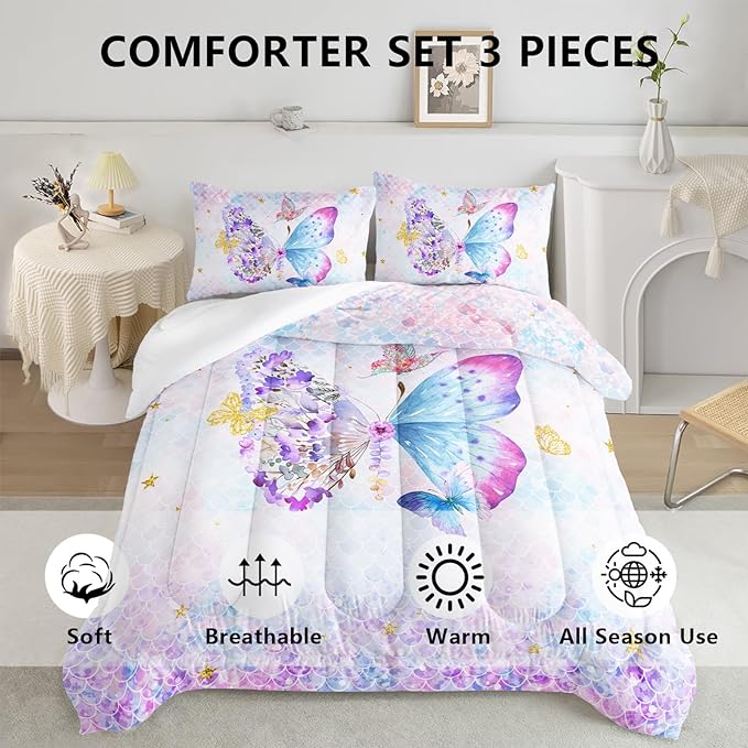Axolotl Butterfly Bedding Twin,Rainbow Butterfly Comforter Set for Girls Teens,Butterfly Bedding for Girls with Golden Star Scales Pattern,Butterfly Printed Quilt Set with 1 Comforter 2 Pillowcases - LeafyLoom