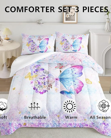 Axolotl Butterfly Bedding Full,Rainbow Butterfly Comforter Set for Girls Teens,Butterfly Bedding for Girls with Golden Star Scales Pattern,Butterfly Printed Quilt Set with 1 Comforter 2 Pillowcases - LeafyLoom