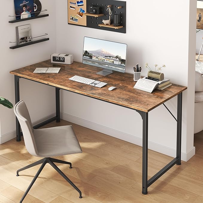 Computer Desk, 55 Inch Office Desk, Gaming Desk with Storage, Writing Desk Work Desk for Home Office, Study, Modern Simple Desk, Large Legroom, Metal Frame, Rustic Brown - LeafyLoom