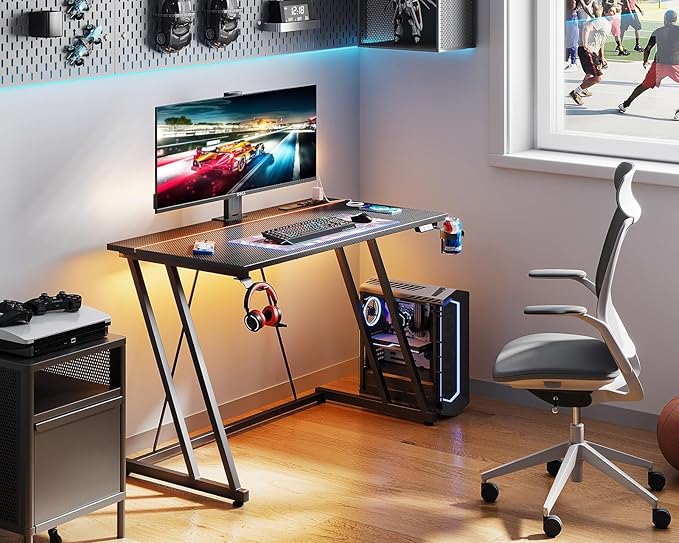 MOTPK Small Gaming Desk with LED Lights & Power Outlet, Computer Desk 39inch for Small Space, Cheap Gaming Table with Carbon Fiber Texture, Kids Desk Gift for Boys Men, Black - LeafyLoom
