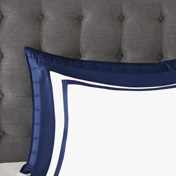 Madison Park Heritage Comforter Quilt Combo Set - Modern Luxury Design, All Season Down Alternative Bedding, Matching Shams, Decorative Pillows, King/Cal King(104"x92"), Color Block Navy 8 Piece - LeafyLoom