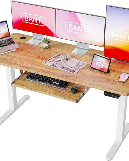 BANTI 63" x 24" Height Adjustable Electric Standing Desk with Keyboard Tray, Sit Stand up Desk with Splice Board, White Frame/Light Rustic Brown Top - LeafyLoom