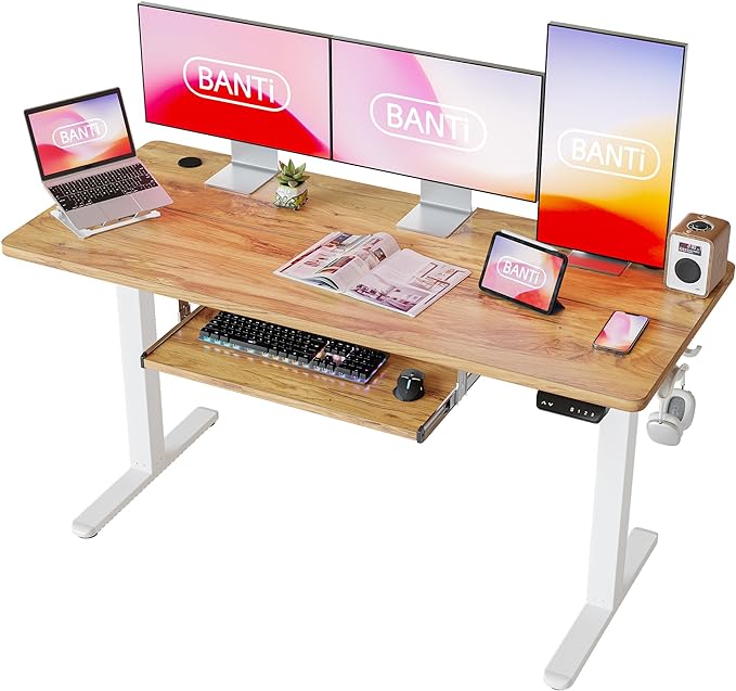 BANTI 63" x 24" Height Adjustable Electric Standing Desk with Keyboard Tray, Sit Stand up Desk with Splice Board, White Frame/Light Rustic Brown Top - LeafyLoom