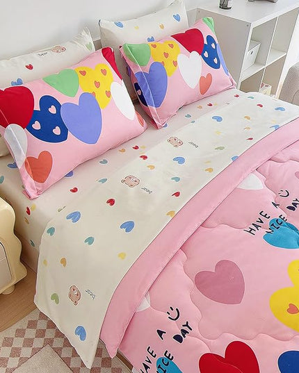 7 Piece Kids Pink Heart Bedding Sets Twin Comforter Set with Sheets - Colourful Reversible Heart Shaped Cute Bedding for Girls Kids - Love Quilt Bed in a Bag All Season - LeafyLoom