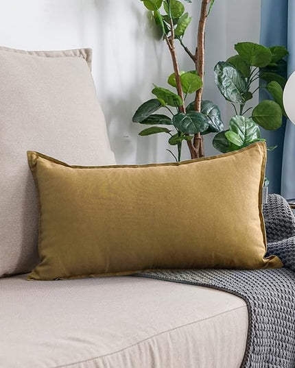 Jeanerlor Natural Cotton Linen Green Decorative 12"x20" Throw Pillow Case Cushion Cover with Twin Needles Stitch on Edge for Lumbar, (30 x 50cm), 2 Pcs, Earth Yellow - LeafyLoom