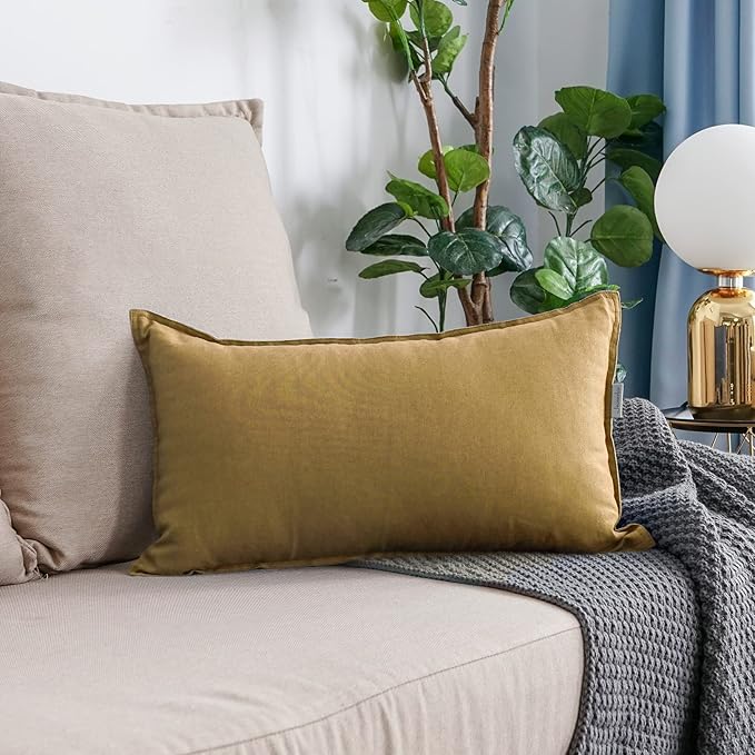 Jeanerlor Natural Cotton Linen Green Decorative 12"x20" Throw Pillow Case Cushion Cover with Twin Needles Stitch on Edge for Lumbar, (30 x 50cm), 2 Pcs, Earth Yellow - LeafyLoom