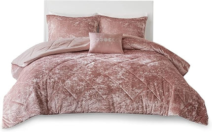 Intelligent Design Felicia Luxe Comforter Velvet Lush Double Sided Diamond Quilting, Modern All Season Bedding Set with Matching Sham, Decorative Pillow, Full/Queen(90"x90"), Blush 4 Piece - LeafyLoom