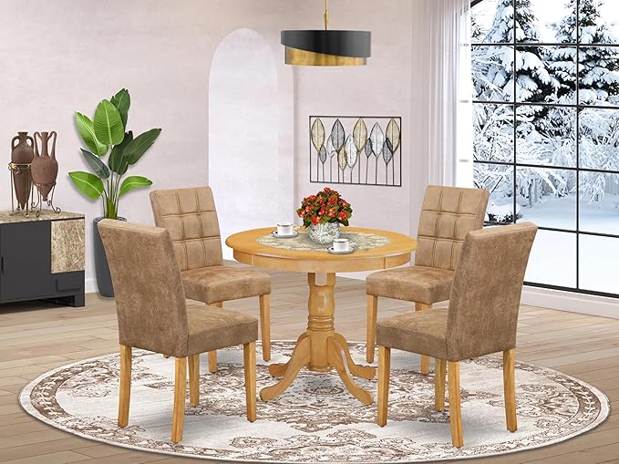 East West Furniture ANAS5-OAK-28 Antique 5 Piece Mid Century Dining Set Includes A Dinning Table and 4 Brown Textured Faux Leather Padded Chairs, Oak, 36x36 Inch - LeafyLoom