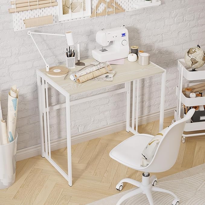 Folding Desk 32'' Computer Desk No Assembly Required Foldable Table Space Saving Writing Workstation for Home Office (Beige, White) - LeafyLoom