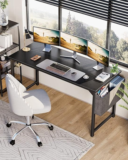 OLIXIS Computer Desk 63 Inch Home Office Work Study Writing Student Kids Bedroom Wood Modern Simple 2 Person PC Table with Storage Bag & Headphone Hooks, Normal Black - LeafyLoom