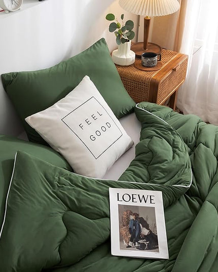 COTTEBED 3PCS Olive Green Comforter Set Queen Size - Jersey Knit T-Shirt Feeling Ultra-Soft Cute Cozy Lightweight Bedding Blanket Quilt Down Set & Pillowcase for All Season Use, Full Queen 88x92 inch - LeafyLoom