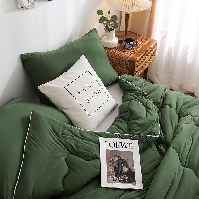 COTTEBED 3PCS Olive Green Comforter Set Queen Size - Jersey Knit T-Shirt Feeling Ultra-Soft Cute Cozy Lightweight Bedding Blanket Quilt Down Set & Pillowcase for All Season Use, Full Queen 88x92 inch - LeafyLoom
