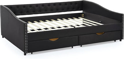 Queen Size Daybed with 2 Drawers, Upholstered Tufted Day Bed, with Button Back and Waved Shape Arms, Wood Slat Support, No Spring Box Need, for Bedroom, Livingroom - LeafyLoom