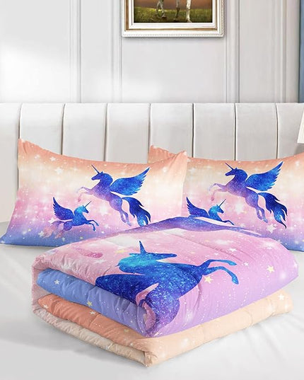 Datura home Bedding Comforter Set Starry Sky Unicorn Printed Pattern Quilt with 1 and 2 Pillowcases for Girls Bedroom All Season(Purple Full) Full 80x90inches - LeafyLoom