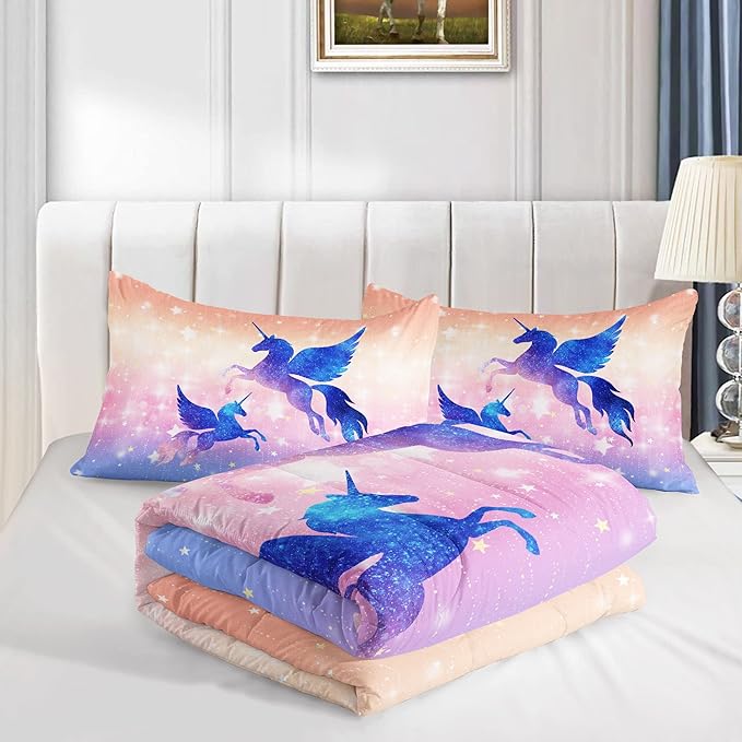 Datura home Bedding Comforter Set Starry Sky Unicorn Printed Pattern Quilt with 1 and 2 Pillowcases for Girls Bedroom All Season(Purple Full) Full 80x90inches - LeafyLoom