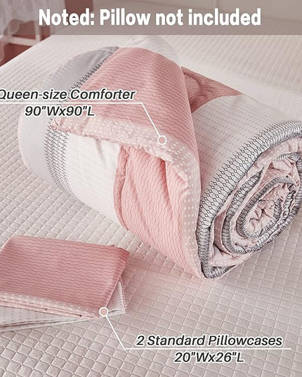 Litanika Pink Comforter Set Queen, 3 Pieces Blush White Colorblock Lightweight Bedding Comforter Set - LeafyLoom