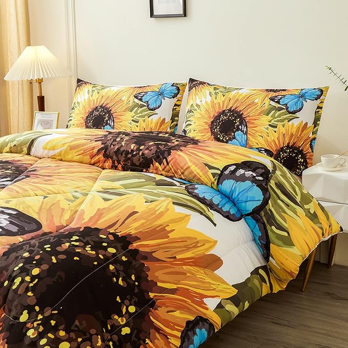 Sunflower Comforter Sets,Beautiful Seamless Pattern with Sunflower Blue Butterflies on White Background,Decorative Bedding Comforter Sets with 2 Pillow Shams, Queen Size - LeafyLoom