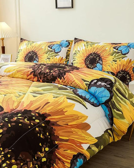 Sunflower Comforter Sets,Beautiful Seamless Pattern with Sunflower Blue Butterflies on White Background,Decorative Bedding Comforter Sets with 2 Pillow Shams, Twin Size - LeafyLoom