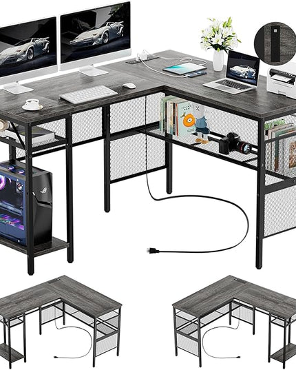 Reversible L Shaped Gaming Desk, Large Corner Computer Desk with Power Outlets and USB Ports, Sturdy Home Office Table with Storage Shelf, Attractive Grid Design Writing Desk, Black Oak - LeafyLoom