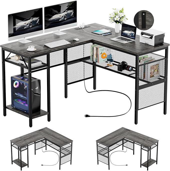 Reversible L Shaped Gaming Desk, Large Corner Computer Desk with Power Outlets and USB Ports, Sturdy Home Office Table with Storage Shelf, Attractive Grid Design Writing Desk, Black Oak - LeafyLoom