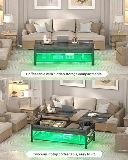 Aheaplus Coffee Table, Lift Top Coffee Table with LED light and Power Outlet, Modern Lift-Top Table with Storage Shelf, Center Table for Living Room, Lift Tabletop, X Support, Metal Frame, Black Oak - LeafyLoom