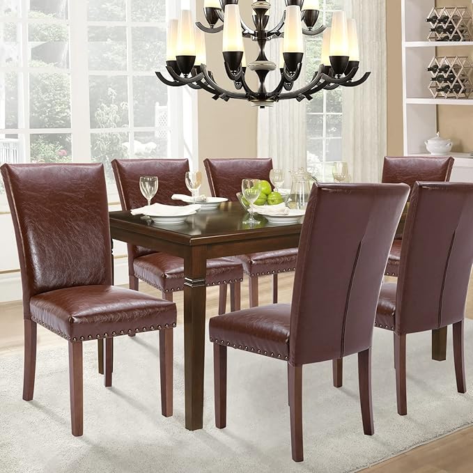 Parsons Dining Chairs Set of 6, Upholstered Nailhead PU Leather Dining Room Kitchen Side Chair with Thick Cushions and Wood Legs, Light Brown - LeafyLoom