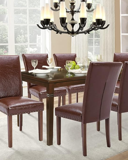 Parsons Dining Chairs Set of 2, Upholstered Nailhead PU Leather Dining Room Kitchen Side Chair with Thick Cushions and Wood Legs, Light Brown - LeafyLoom