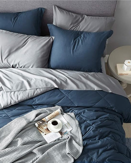 Bedsure Navy Bedding Set Queen - 7 Pieces Reversible Bed Sets in a Bag with Comforters, Sheets, Pillowcases & Shams, Comforter - LeafyLoom