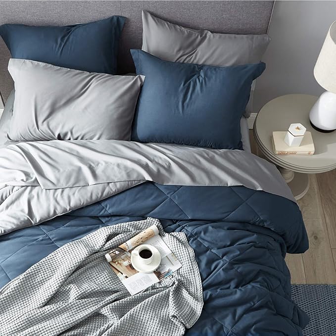 Bedsure Navy Bedding Set Queen - 7 Pieces Reversible Bed Sets in a Bag with Comforters, Sheets, Pillowcases & Shams, Comforter - LeafyLoom