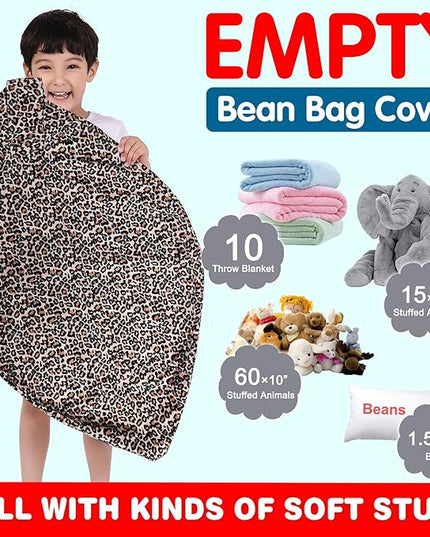 Lukeight Stuffed Animal Storage Bean Bag Chair Cover for Kids, Stuffed Animal Bean Bag Storage, Zipper Beanbag Chair Cover for Organizing Toddler & Kids' Rooms Plush Toys (Leopard Velvet, Large) - LeafyLoom