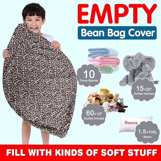 Lukeight Stuffed Animal Storage Bean Bag Chair Cover for Kids, Stuffed Animal Bean Bag Storage, Zipper Beanbag Chair Cover for Organizing Toddler & Kids' Rooms Plush Toys (Leopard Velvet, Large) - LeafyLoom