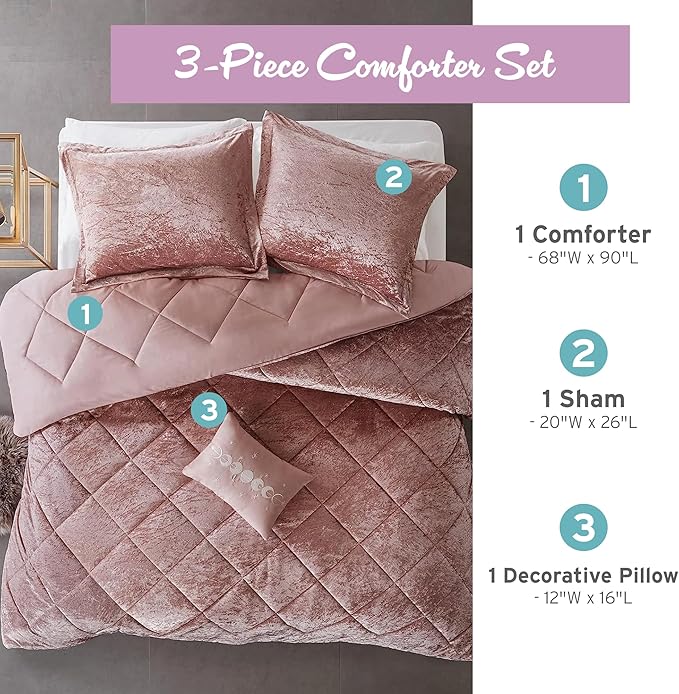 Intelligent Design Twin Comforter Set, Velvet Comforter Set , Luxury Diamond Quilting Comforter Set, Fluffy Comforter Bed Set with Decorative Pillowand 1 Sham, 3 Piece Pink, Twin/Twin XL - LeafyLoom