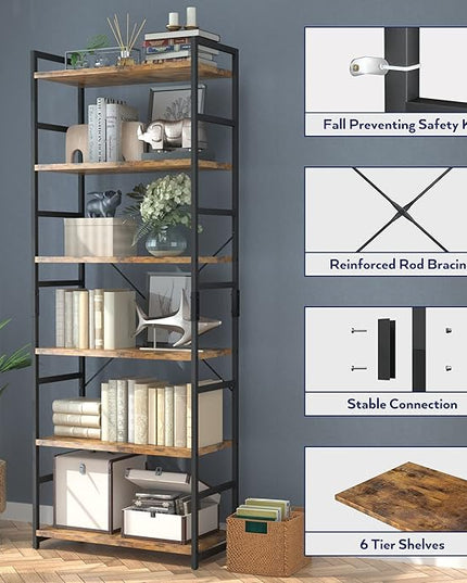 NUMENN 6 Tier Bookshelf, Tall Bookcase Shelf Storage Organizer, Modern Book Shelf for Bedroom, Living Room and Home Office, Vintage - LeafyLoom