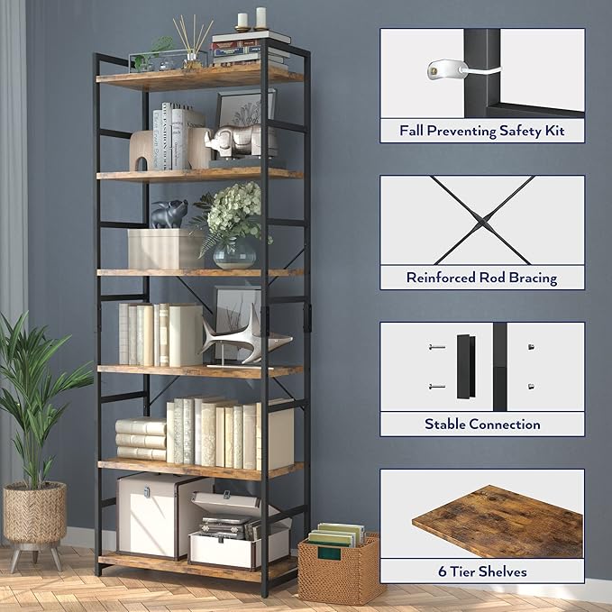 NUMENN 6 Tier Bookshelf, Tall Bookcase Shelf Storage Organizer, Modern Book Shelf for Bedroom, Living Room and Home Office, Vintage - LeafyLoom