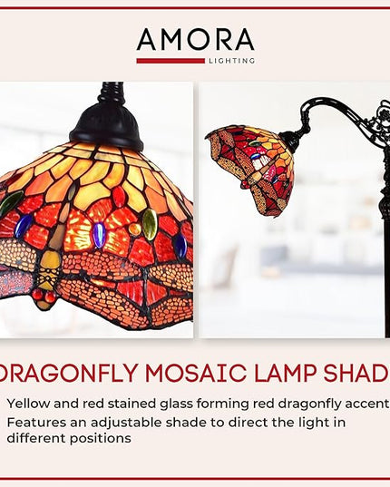 Amora Tiffany Style Floor Lamp Arched Adjustable 62" Tall Stained Glass Red Yellow Green Dragonfly Antique Vintage Light Decor Bedroom Living Room Reading Gift AM079FL10B Lighting - LeafyLoom