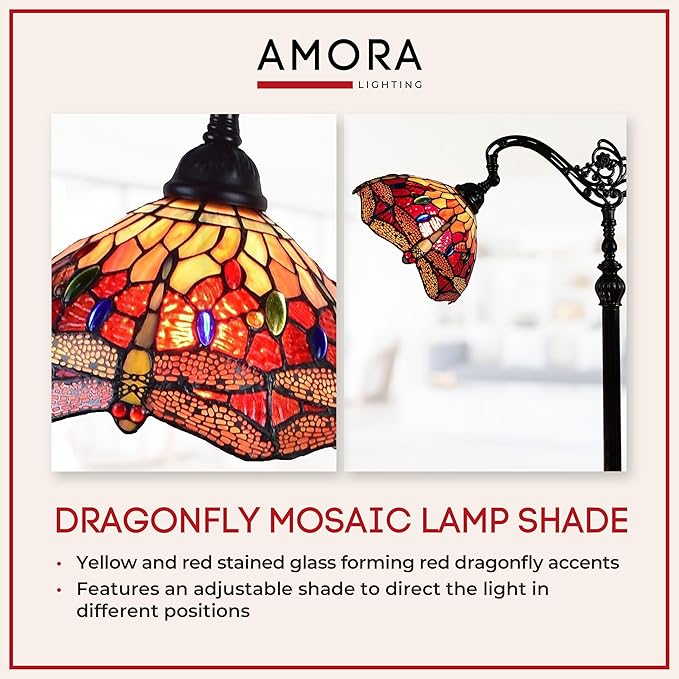 Amora Tiffany Style Floor Lamp Arched Adjustable 62" Tall Stained Glass Red Yellow Green Dragonfly Antique Vintage Light Decor Bedroom Living Room Reading Gift AM079FL10B Lighting - LeafyLoom