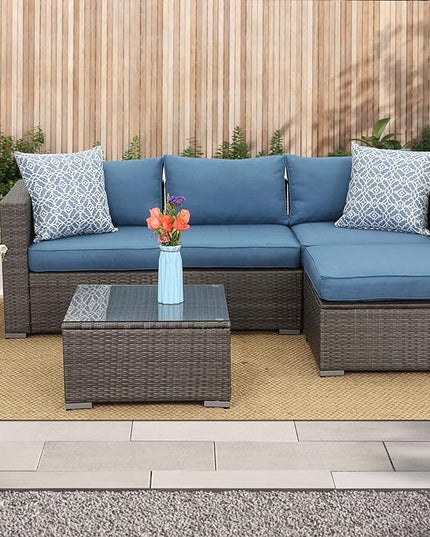 Wisteria Lane 2 Pieces Patio Furniture Sets, Outdoor Sectional Furniture with Armless Sofa, Tempered Glass Table and Cushion, Patio Conversation Sets for Garden Backyard, Blue - LeafyLoom