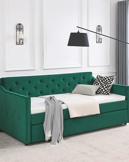 RITSU Twin Size Daybed with Casters, Modern Button Upholstered Velvet Sofa Bed w/Waved Shape Arms, No Box Spring Needed, for Bedroom, Livingroom, Green, 80.50 - LeafyLoom