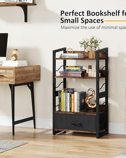 Small Bookshelf with Drawer: 4-Tier Wood Book shelf Industrial Narrow Bookcase Storage Organizer Metal Stackable shelves for Desktop Bedroom Living Room Home Office (Rustic Brown) - LeafyLoom