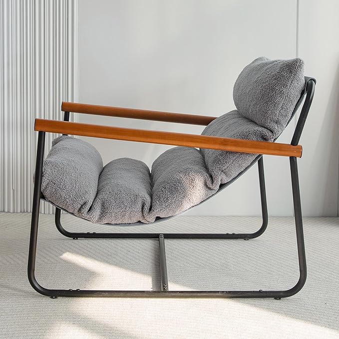 MAXYOYO Sherpa Accent Chair, Boucle Arm Chair Living Room Chair, Reading Accent Chair, Mid Century Modern Bedroom Chair,Teddy Armchair Wooden Arms Metal Frame - LeafyLoom