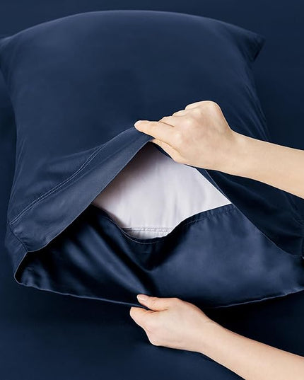 Bedsure Twin XL Sheet Set Dorm Bedding, Cooling Sheets Twin Extra Long Sheets, Rayon Derived from Bamboo, Deep Pocket Up to 16", Hotel Luxury Silky Bedding Sheets & Pillowcases, Navy - LeafyLoom