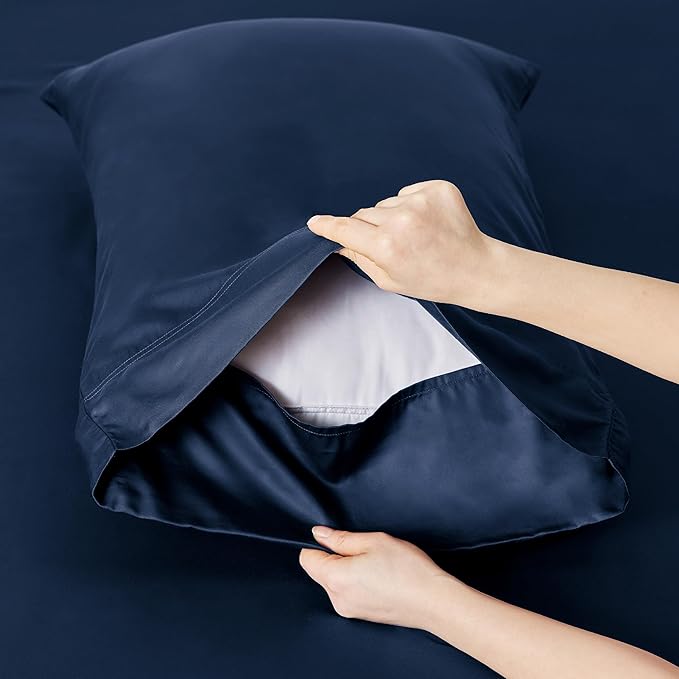 Bedsure Twin XL Sheet Set Dorm Bedding, Cooling Sheets Twin Extra Long Sheets, Rayon Derived from Bamboo, Deep Pocket Up to 16", Hotel Luxury Silky Bedding Sheets & Pillowcases, Navy - LeafyLoom
