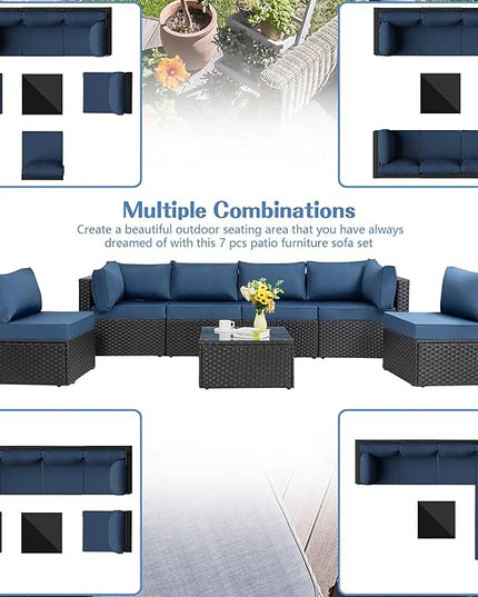 Shintenchi 7 Pieces Outdoor Patio Sectional Sofa Couch, Black Wicker Furniture Conversation Sets with Washable Cushions & Glass Coffee Table for Garden, Poolside, Backyard (Aegean Blue) - LeafyLoom