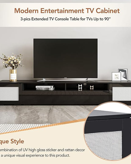 83 Inch TV Stand, Rattan Style Entertainment Center with Push to Open Doors and Ample Storage Space, Modern TV Stand for Home Theatre, Living Room, Black - LeafyLoom