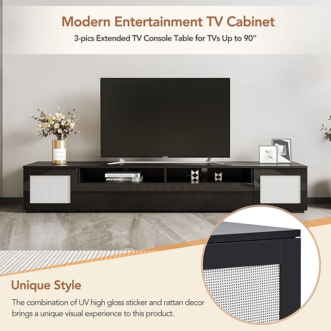 83 Inch TV Stand, Rattan Style Entertainment Center with Push to Open Doors and Ample Storage Space, Modern TV Stand for Home Theatre, Living Room, Black - LeafyLoom